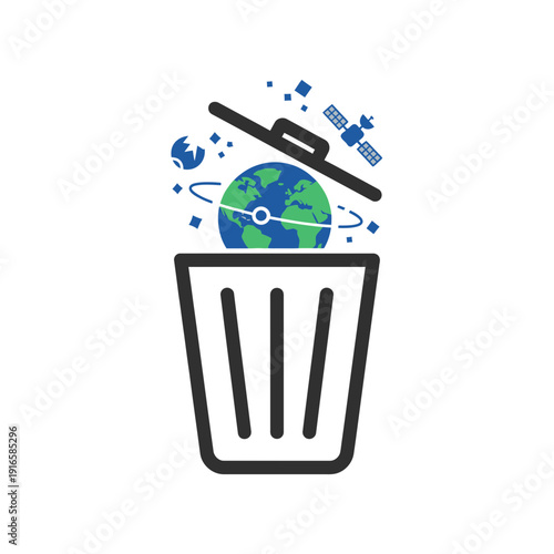 Trash bin icon with planet, space waste management concept, flat vector illustration of orbital debris