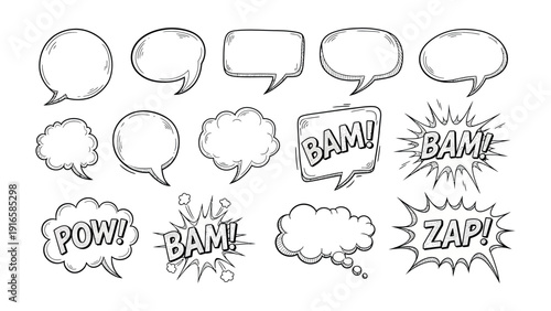 Comic Speech Bubble Collection: A diverse collection of comic speech bubbles, ready for your thoughts, ideas, and dialogues. Perfect for adding a dynamic visual element. 