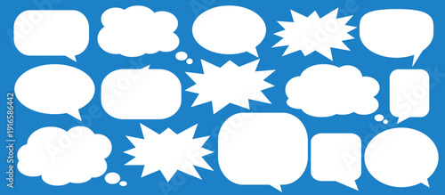 A set of chat box designs for comments on social media or comics. Vector designs of speech bubbles, text boxes, and conversation chat columns in comics.