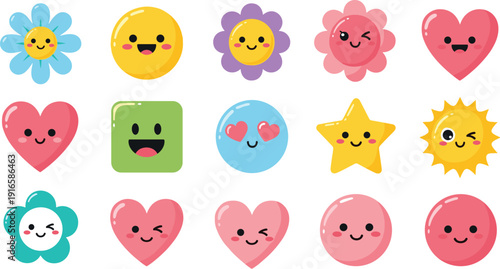 Cute cartoon smiley face collection featuring happy hearts stars sun and flowers with kawaii expressions isolated on white background for kids.