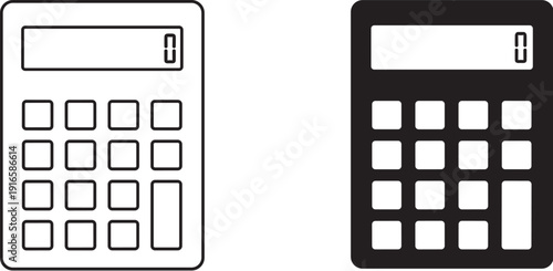 Calculator icon set featuring simple outline and solid black silhouette styles isolated on white background for financial and educational design.