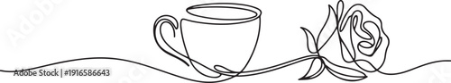 Continuous line drawing of a cup beside a rose, representing calmness and love. Perfect for National Red Rose Day and nature concept. one line Icon drawing