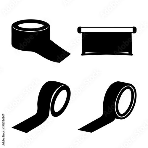 Minimalist black silhouette icons featuring various adhesive tape rolls and a dispenser