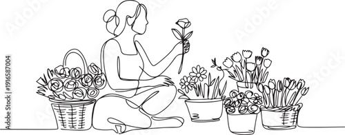 Single continuous line drawing a woman sitting and some baskets containing several types of flowers. Peddling on the roadside. Florist. National Small Business Day. one line Icon drawing