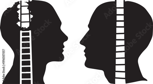 Two black silhouettes of human heads facing each other with ladders inside, symbolizing growth, development, and learning vector silhouette