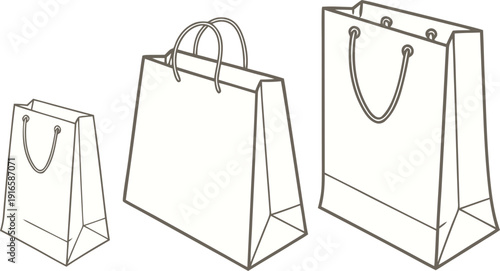 Minimalist Line Art Shopping Bags Collection: Three Simple, Varying Sizes Retail Icons Isolated on White Background for E-commerce Design Isolated white background