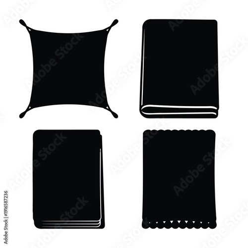 A collection of diverse textile items including blankets and pillows in a simple silhouette style