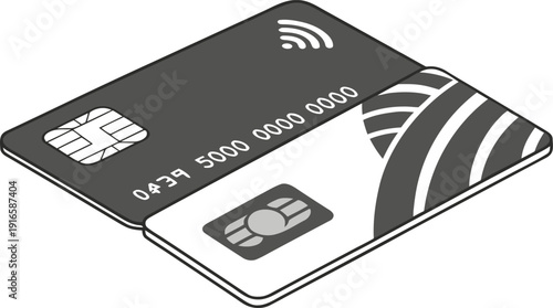 Modern Contactless Payment: Isometric Illustration of a Credit Card with Chip and NFC Symbol, Representing Secure Digital Transactions Isolated white background