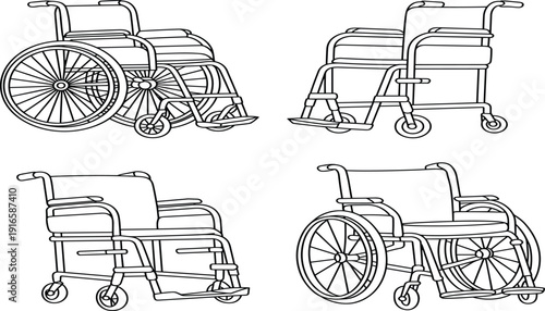 "Set of wheelchair line drawings showing manual and transport designs from different angles, medical mobility equipment illustration for healthcare, accessibility, rehabilitation, and patient support 