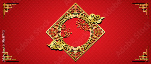 Red background with traditional Chinese scale pattern and gold border frame for Lunar New Year or Spring Festival celebration and oriental cultural events