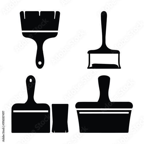 A collection of diverse paint and finish applicator tools in silhouette design