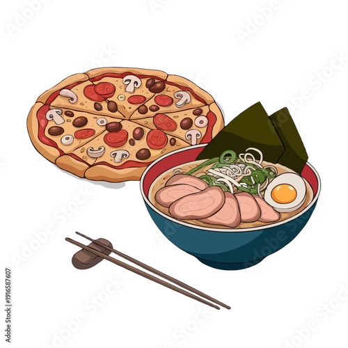 A delightful assortment of japanese dishes including sushi, tempura, and miso soup isolated on white background, Vector, illustration