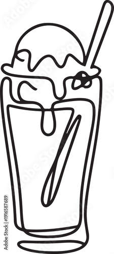 Minimalist single line drawing of a tall glass filled with soda float and creamy topping, designed to symbolize the beverage concept. one line Icon drawing