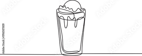 Minimalist single line drawing of a tall glass filled with soda float and creamy topping, designed to symbolize the beverage concept. one line Icon drawing