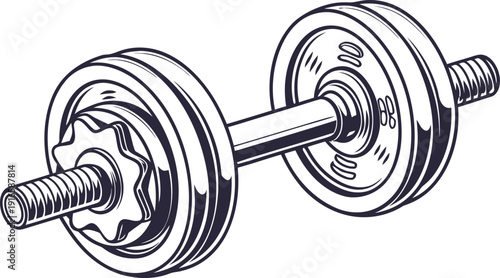 Precise Line Art Illustration of a Metal Dumbbell with Weight Plates, Isolated on White Background for Fitness and Strength Training Concepts Isolated white background