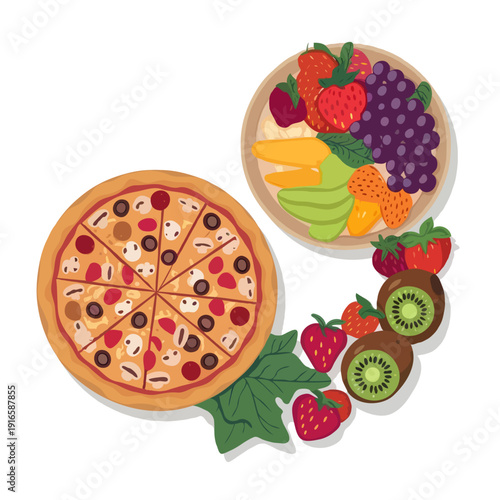 Assorted food items including pizza, fruits, and vegetables on a table. isolated on white background, Vector, illustration