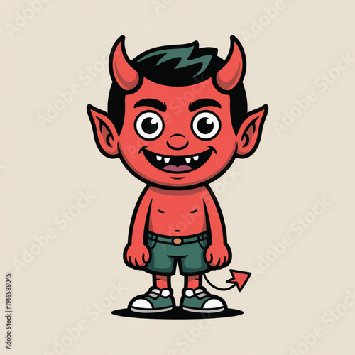 Red devil boy character with horns and tail standing and smiling