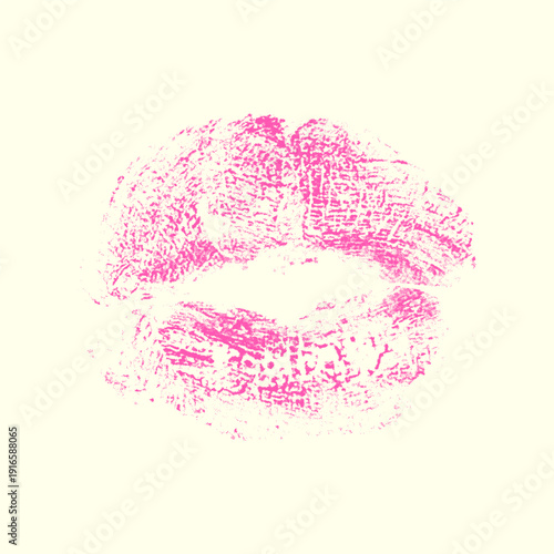 Hot pink lipstick kiss print isolated on pale background, grunge texture makeup smudge, fashion stipple illustration.