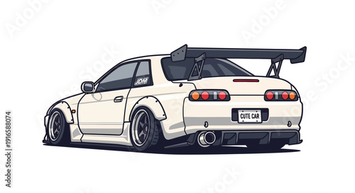 Stylized illustration featuring a customized white sports car with rear spoiler and wide body kit
