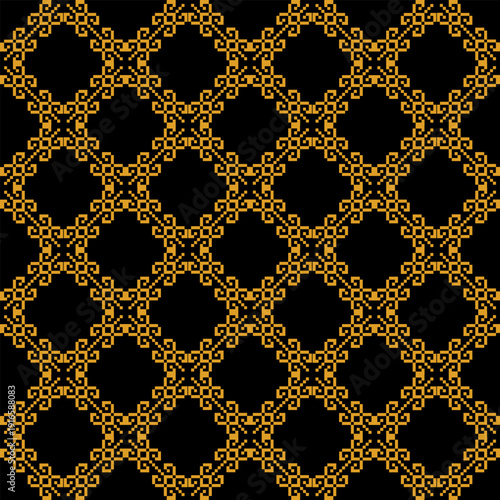 Striking geometric pattern inspired by traditional tribal culture blended seamlessly with classic Thai textile motifs. The harmonious combination of deep black and rich orange tones creates a bold yet
