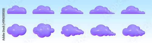 Purple 3D cloud set in claymorphism style, soft fluffy weather icons collection isolated on blue gradient background.