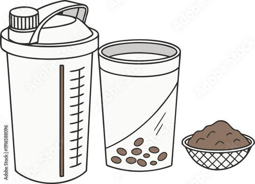 Sports Nutrition Essentials: Fitness Shaker Bottle, Measuring Cup with Liquid and Ice, and Supplement Powder for Workout Fuel. Isolated white background
