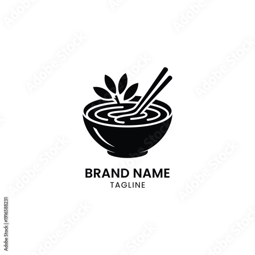 Black and white bowl of noodles with chopsticks and garnish for brand logo design