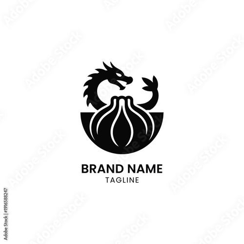 Black and white dragon logo with a shield and a stylized flame design underneath