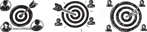 A set of black and white illustration of targets and people aiming for success vector silhouette