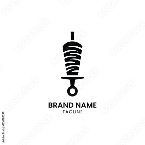 Black and white logo design featuring a stylized skewer with meat pieces