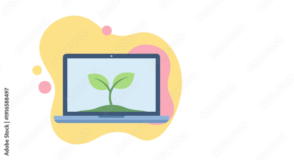 Fototapeta premium Laptop Screen Showing Green Sprouting Seedling.