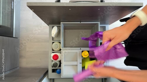 Top view of placing new trash bag into garbage bin at home. Waste management routine and organized household maintenance concept.
