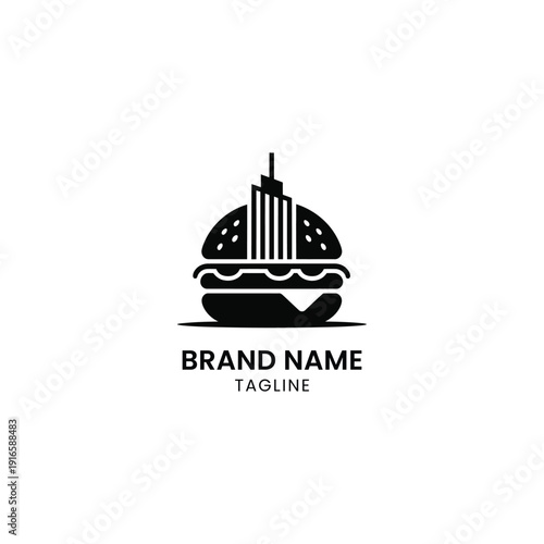 Creative burger logo featuring a building as a bun with brand name and tagline space
