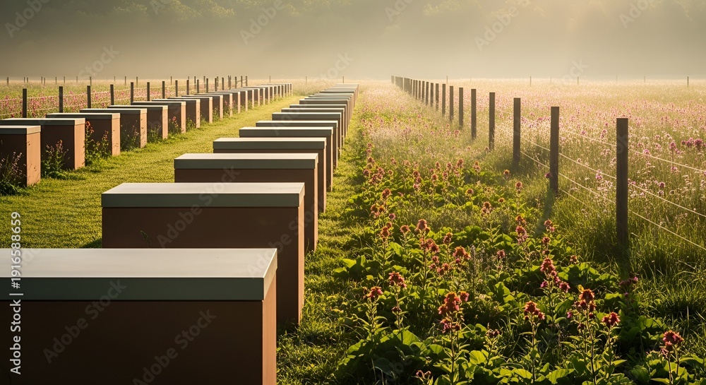 Obraz premium Beehives in a field, apiary, honey production, agriculture, sunrise, nature, landscape