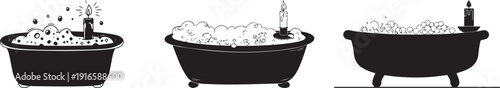 A set of black bathtubs with different water levels and faucet styles vector silhouette