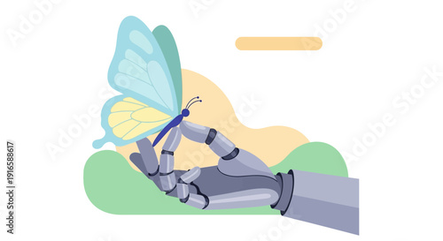 Robot Hand Holding Butterfly in Illustration.