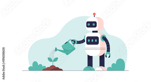 Robot Watering Plants with Green Watering Can.