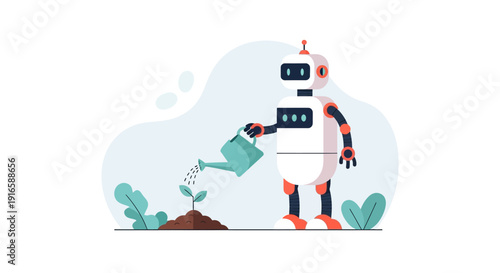 Robot Watering Plants with Watering Can.