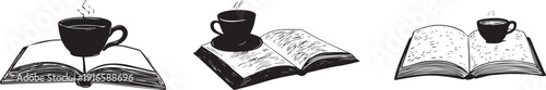 A set of serene still life of coffee cups on open books vector silhouette