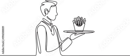 Single one line drawing the waiter holds a food tray serving french fries. A dish made from shredded potatoes. Snack. Complementary food to the main menu. one line Icon drawing