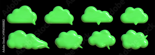 Acid green 3D cloud speech bubbles set, glossy plastic toxic clouds collection isolated on black background.