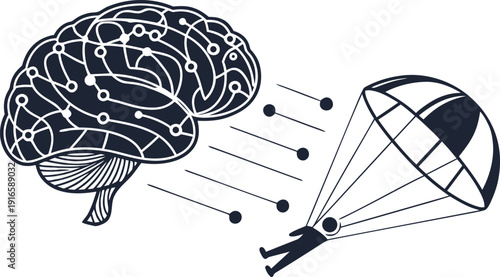 Creative Illustration of a Brain Releasing Data Points Forming a Parachute with a Person, Symbolizing Knowledge Transfer, Idea Spreading, and Innovation Isolated white background