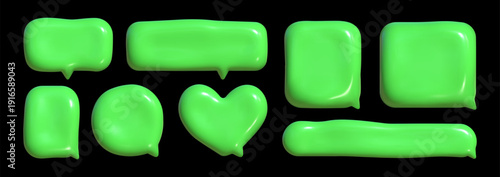 Acid green 3D glossy speech bubbles set, vibrant plastic geometric UI icons including heart and square shapes on black.
