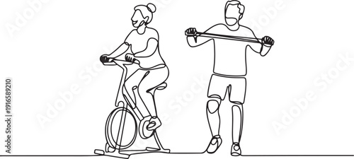 Single continuous line drawing a pair of grandparents are doing fitness on fitness mate. The excitement of sports together. National Senior Health and Fitness Day. one line Icon drawing