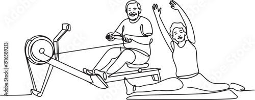 Single continuous line drawing a pair of grandparents are doing fitness on fitness mate. The excitement of sports together. National Senior Health and Fitness Day. one line Icon drawing