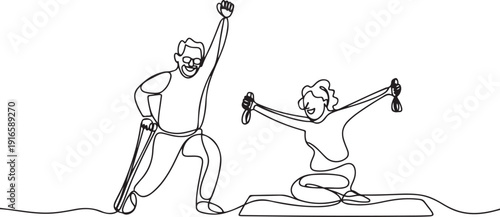 Single continuous line drawing a pair of grandparents are doing fitness on fitness mate. The excitement of sports together. National Senior Health and Fitness Day. one line Icon drawing