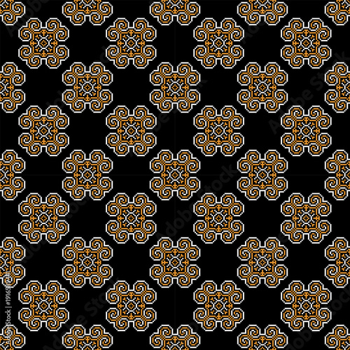 High-quality modern tribal pattern combining ethnic-inspired motifs with contemporary design elements. The white and orange shapes stand out boldly against a deep black background, creating a luxuriou