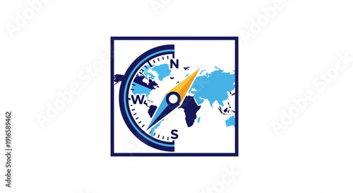 Compass pointing to world map indicating travel and direction.
