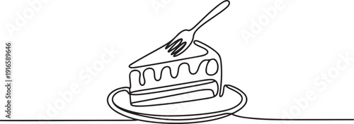 Single one line drawing a slice of cake of the devil on a small plate with a fork stuck into the cake. Very delicious cake. National Food of Devil Cake. one line Icon drawing