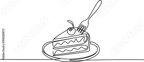 Single one line drawing a slice of cake of the devil on a small plate with a fork stuck into the cake. Very delicious cake. National Food of Devil Cake. one line Icon drawing
